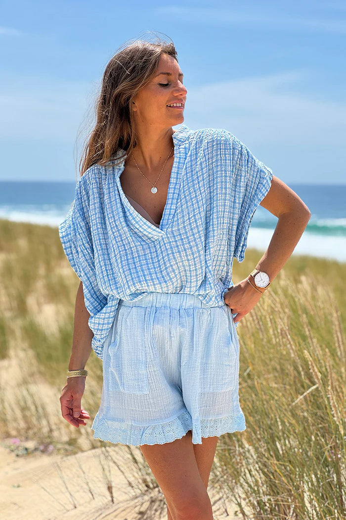 Blue Gingham V-Neck Blouse