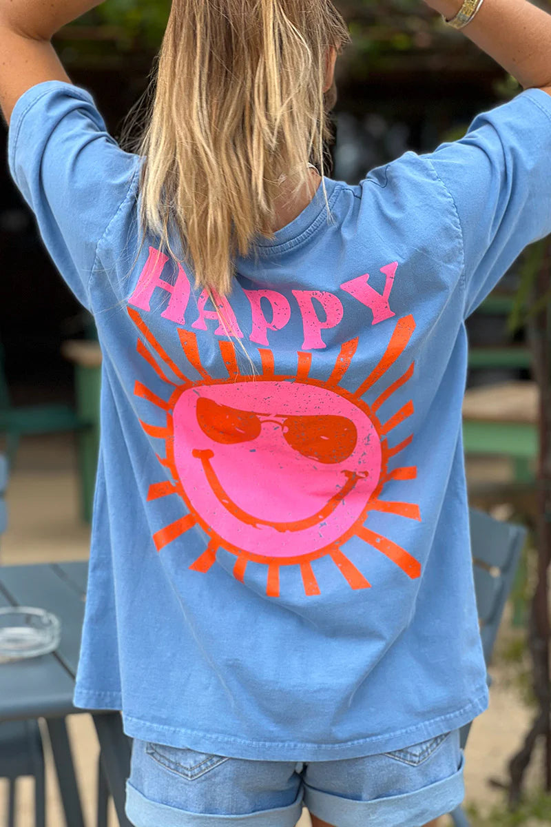 Blue Happy Sun Screen Print Tee