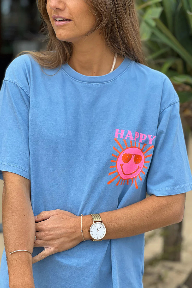 Blue Happy Sun Screen Print Tee