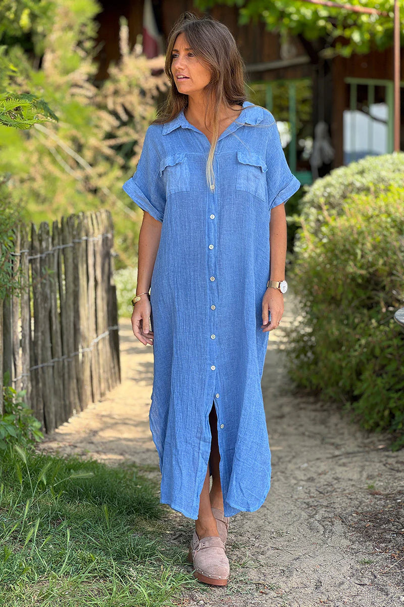 Blue Linen Beach Maxi Dress - Horizons Lointains Blue Linen Beach Maxi Dress - Horizons Lointains