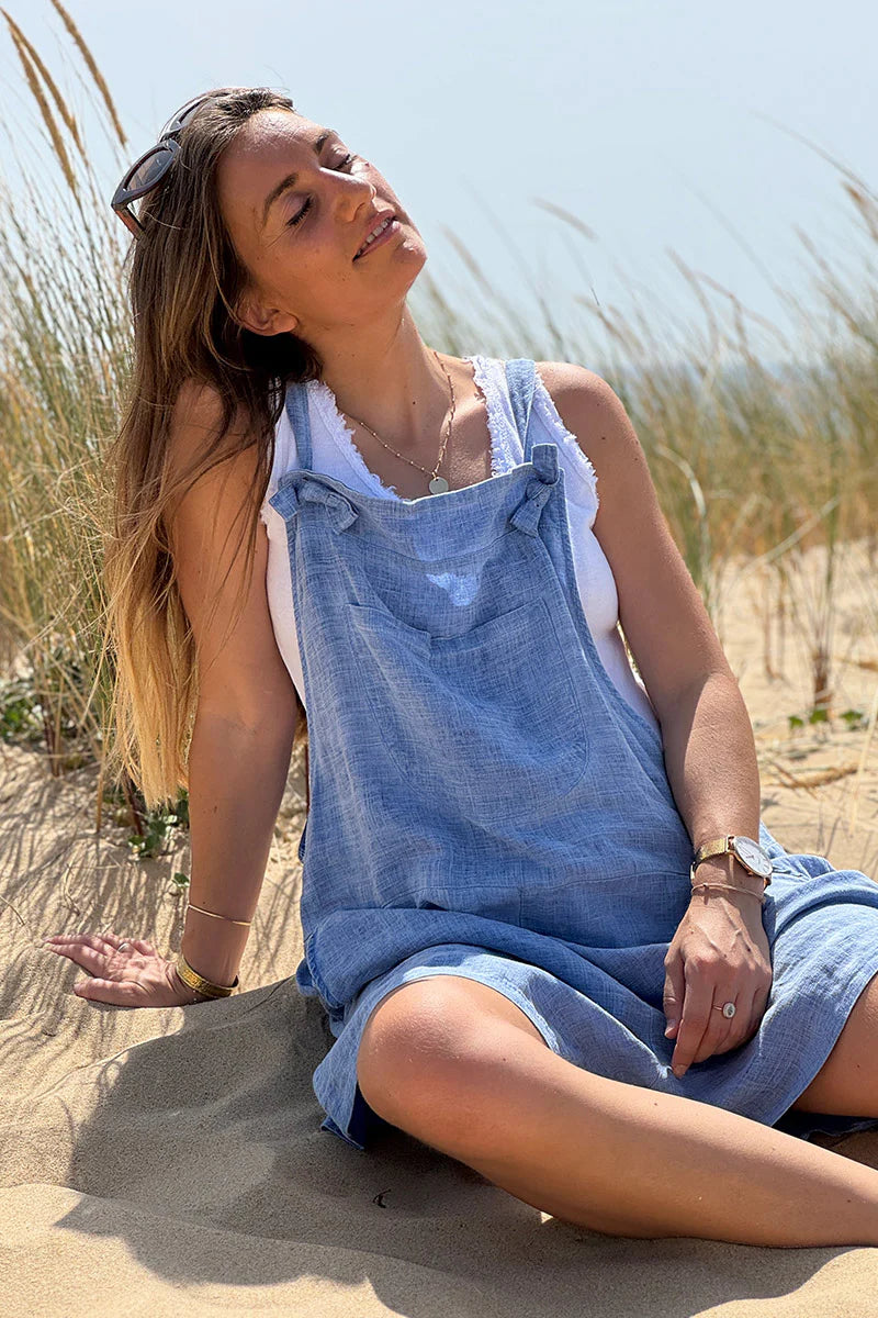 Blue Linen Romper Overalls