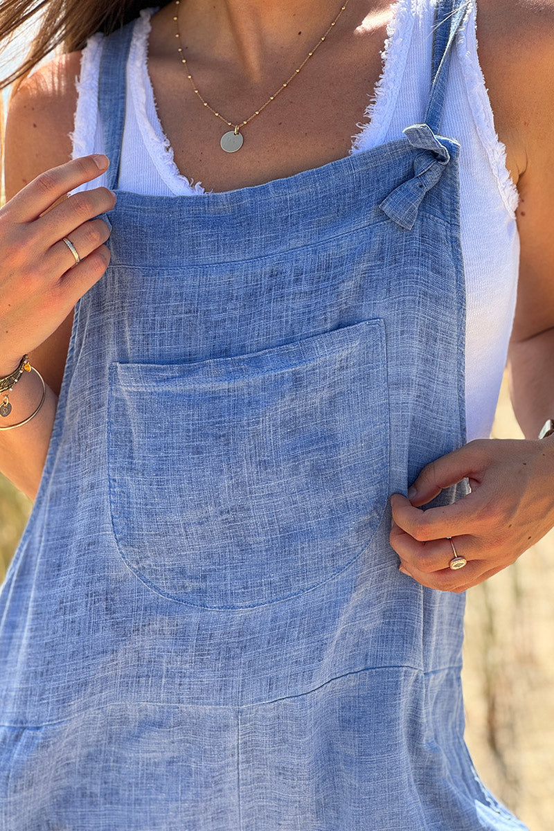 Blue Linen Romper Overalls