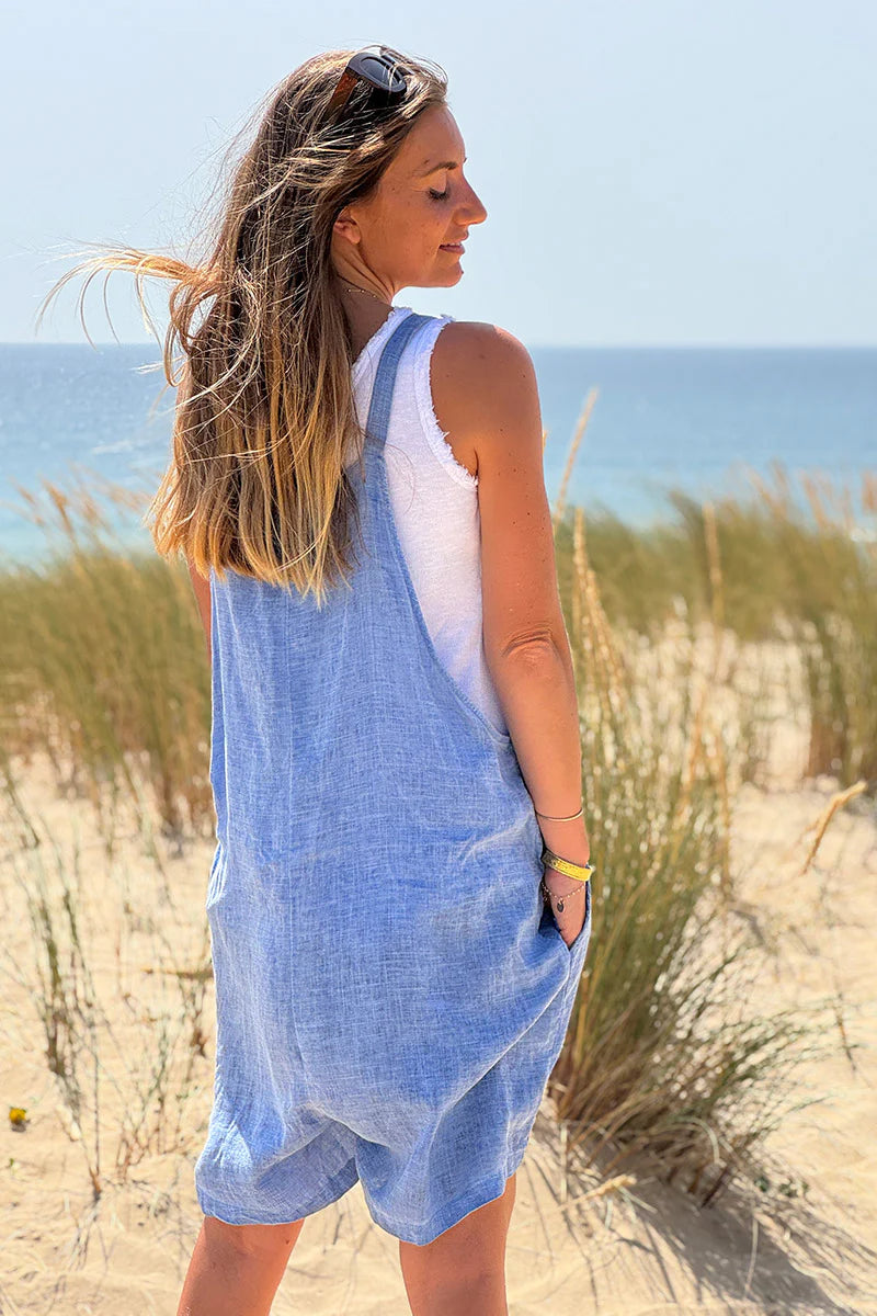Blue Linen Romper Overalls