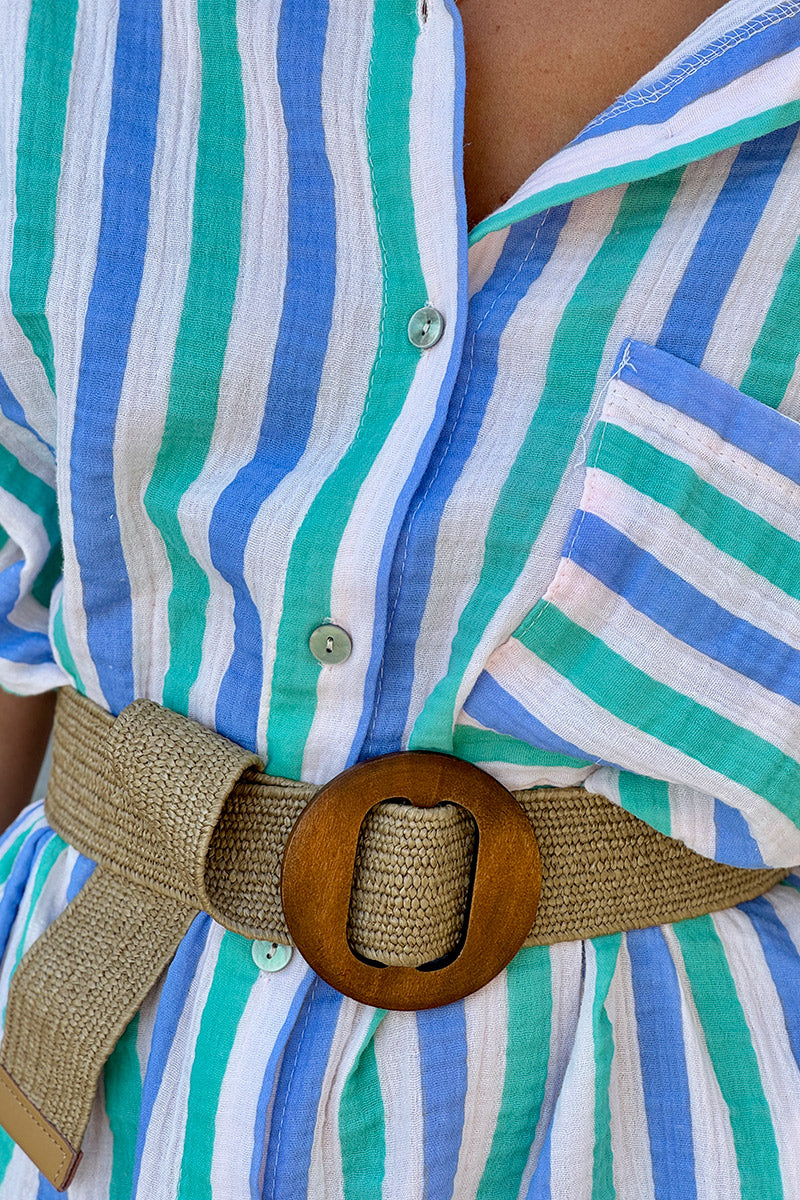 Blue Neon Stripe Button-Down Cabana Dress