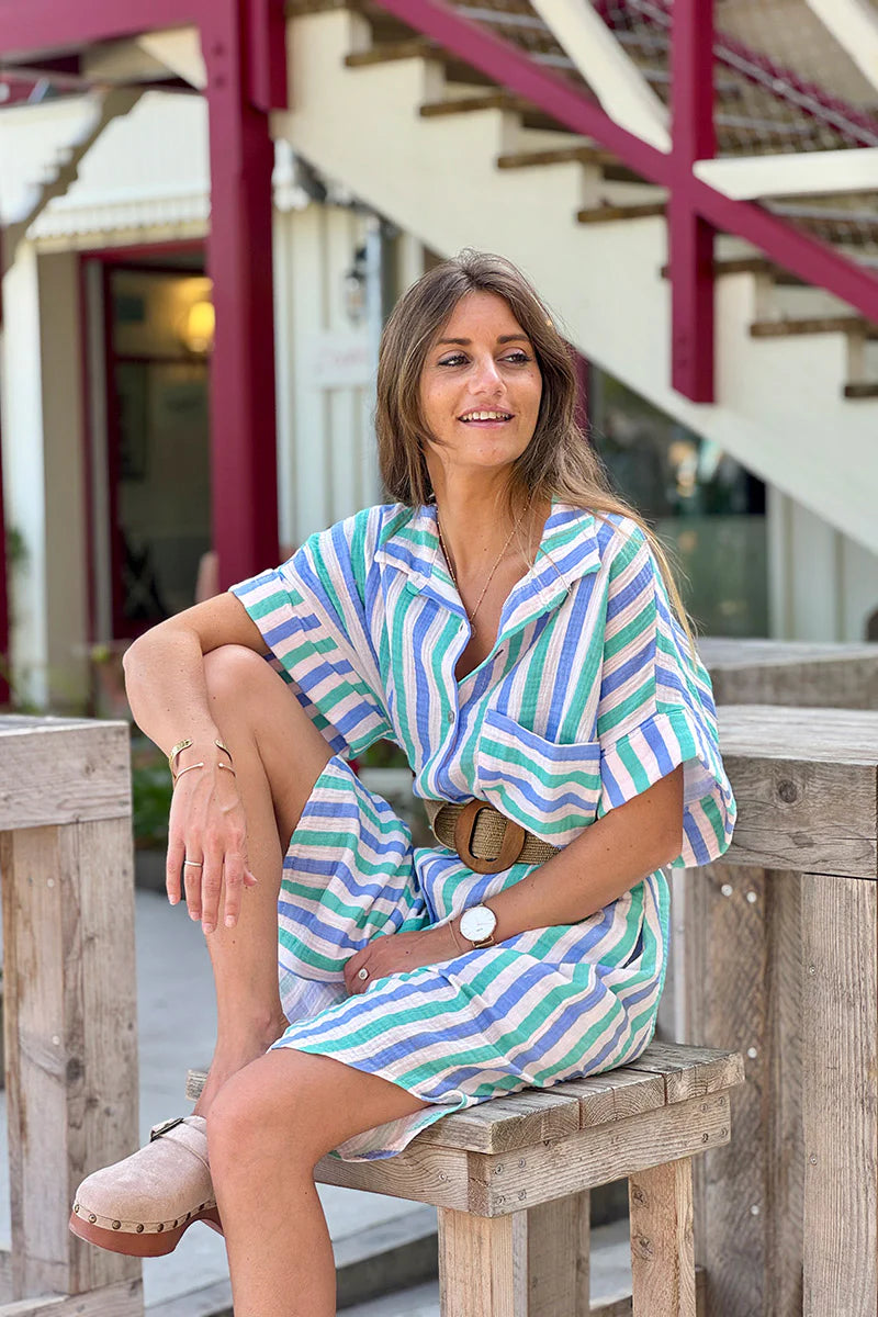 Blue Neon Stripe Button-Down Cabana Dress