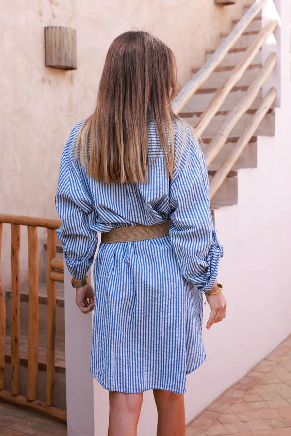 Blue Pinstripe Woven Belted Shirt Dress