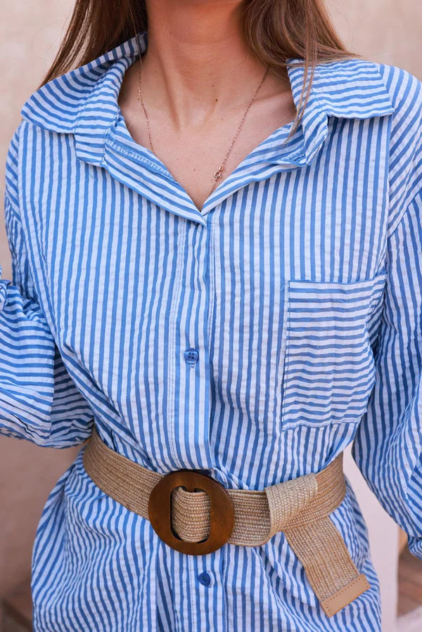 Blue Pinstripe Woven Belted Shirt Dress