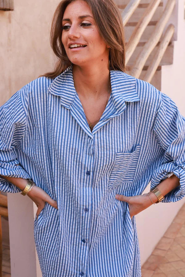 Blue Pinstripe Woven Belted Shirt Dress