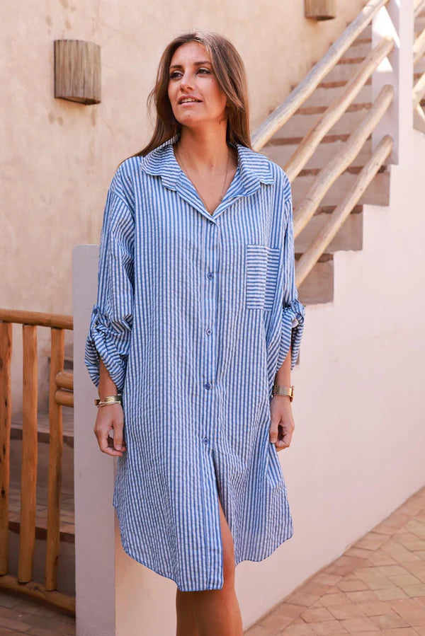 Blue Pinstripe Woven Belted Shirt Dress