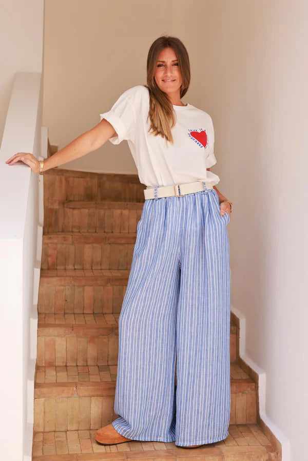 Blue Pinstripe Woven Wide-Leg Pants