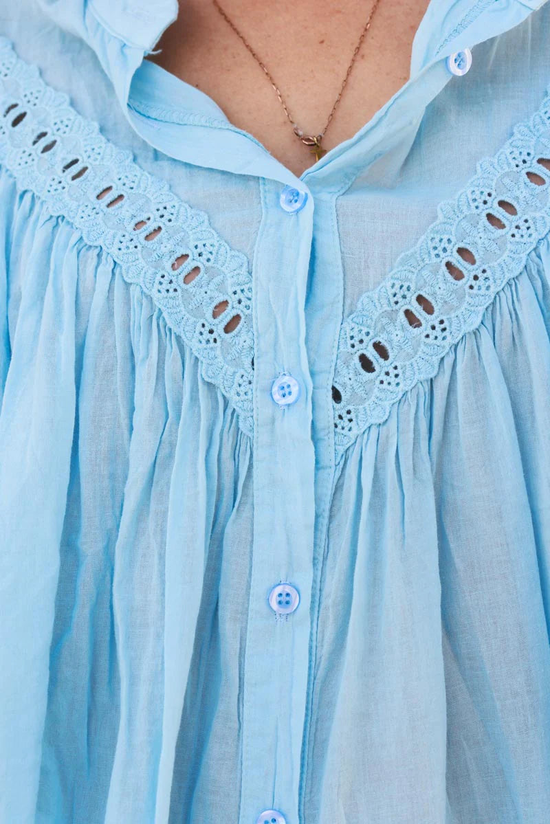 Blue Pleated Cotton Prairie Blouse
