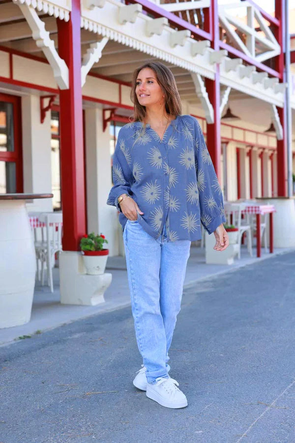 Blue Starburst Cotton Boho Button-Down Blouse