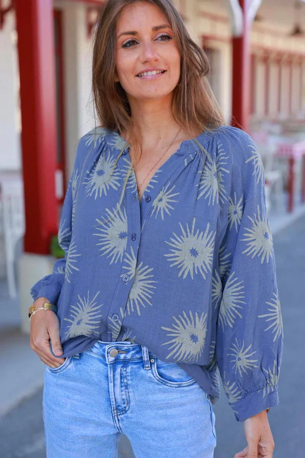 Blue Starburst Cotton Boho Button-Down Blouse