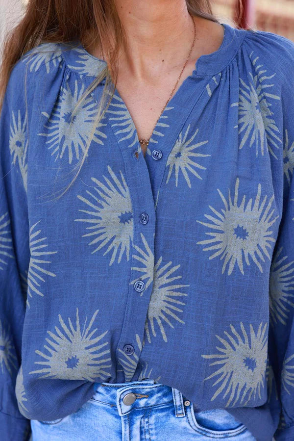 Blue Starburst Cotton Boho Button-Down Blouse