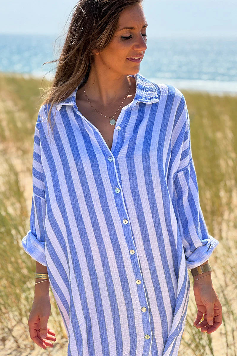Blue Stripe Gauze Shirt Dress
