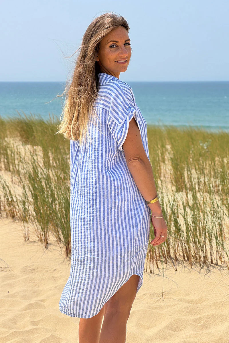 Blue Striped Palm Pocket Cabana Shirt Dress