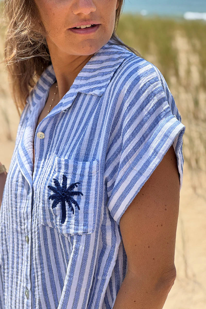 Blue Striped Palm Pocket Cabana Shirt Dress