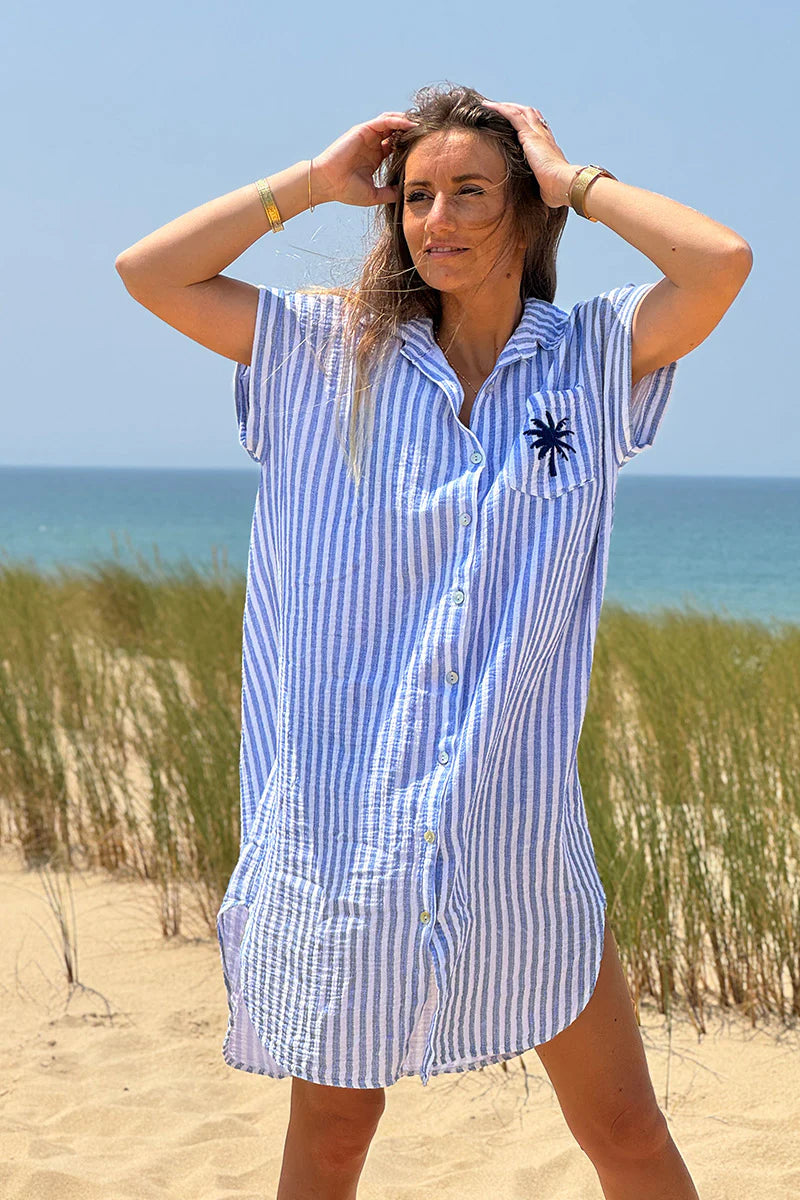 Blue Striped Palm Pocket Cabana Shirt Dress