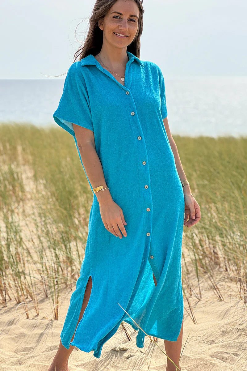 Blue Terry Cloth Button-Down Shirt Dress