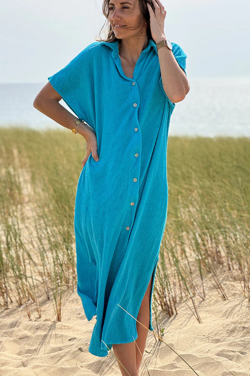 Blue Terry Cloth Button-Down Shirt Dress