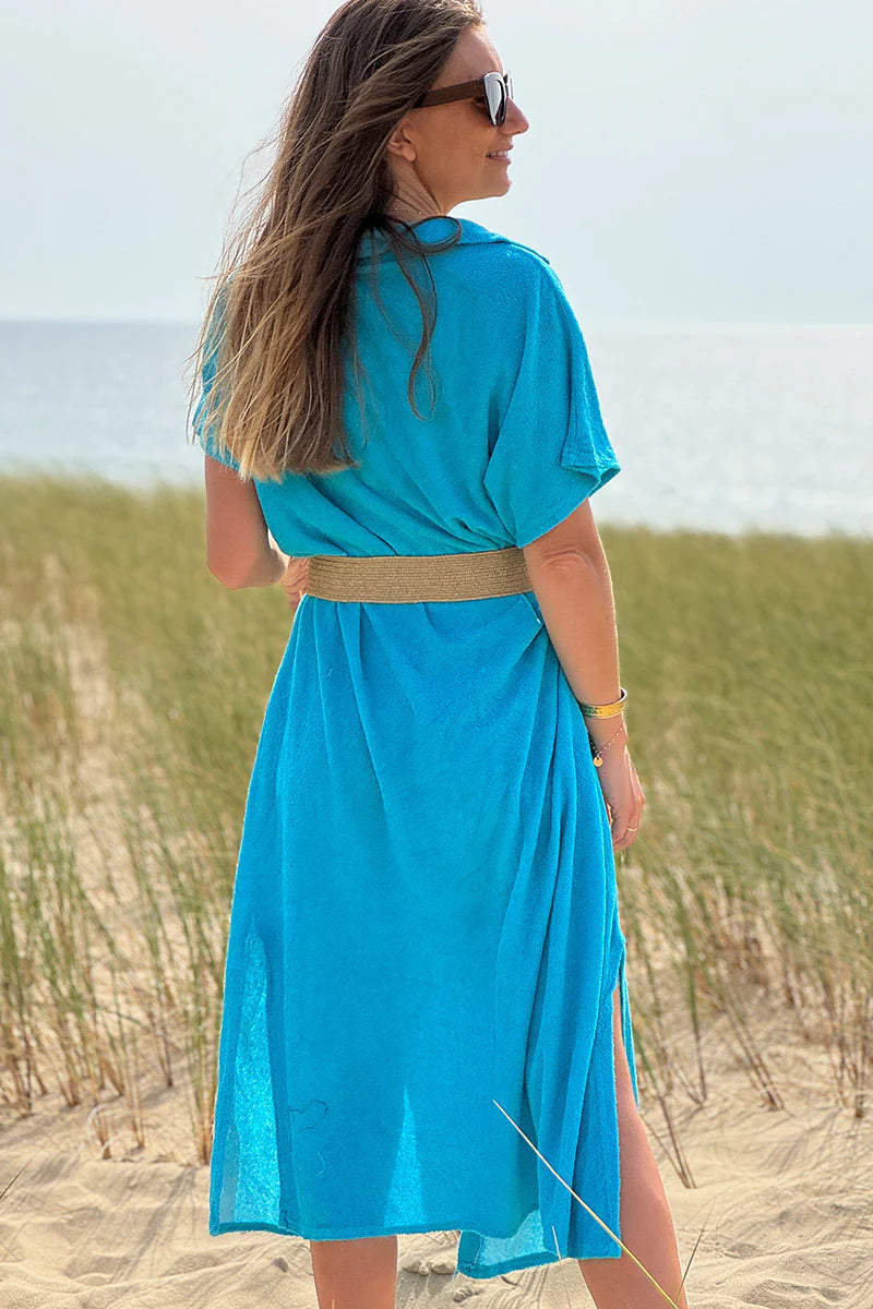 Blue Terry Cloth Button-Down Shirt Dress