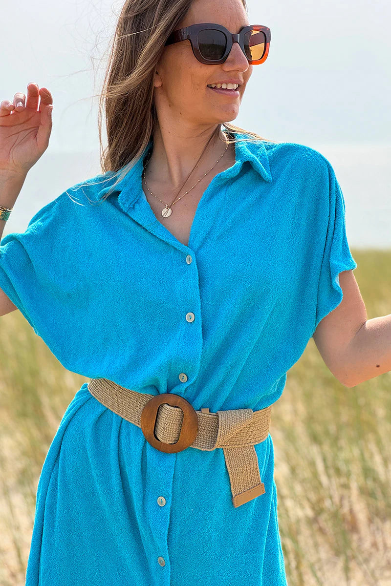 Blue Terry Cloth Button-Down Shirt Dress