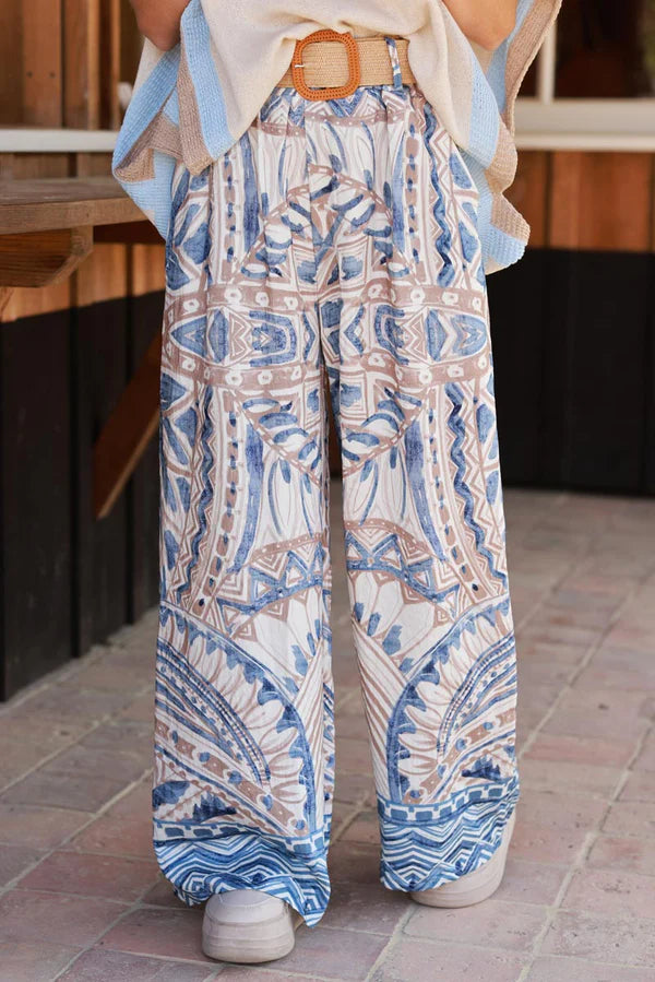 Blue Tiki Print Viscose Pull-On Pants + Belt included