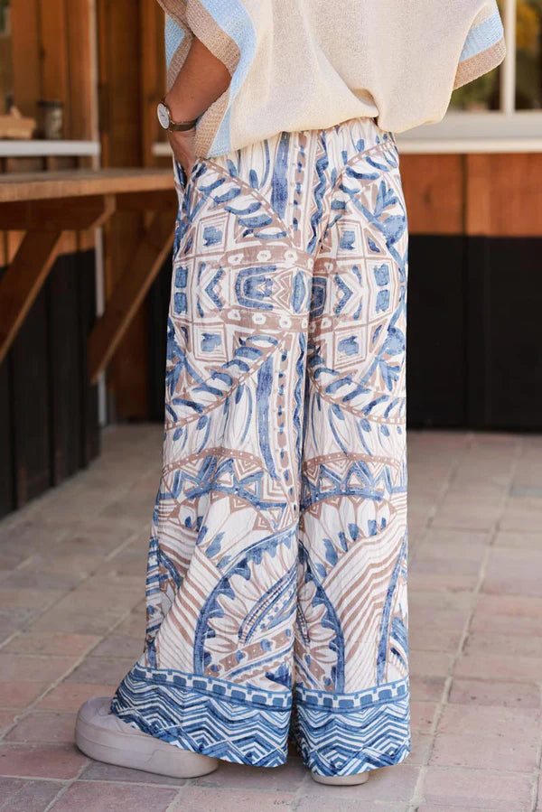 Blue Tiki Print Viscose Pull-On Pants + Belt included