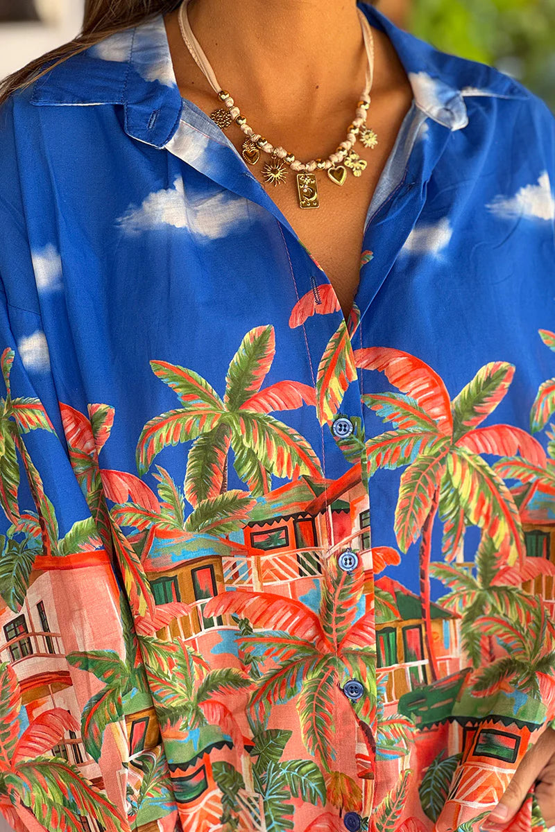 Blue Tropical Getaway Button-Down Blouse