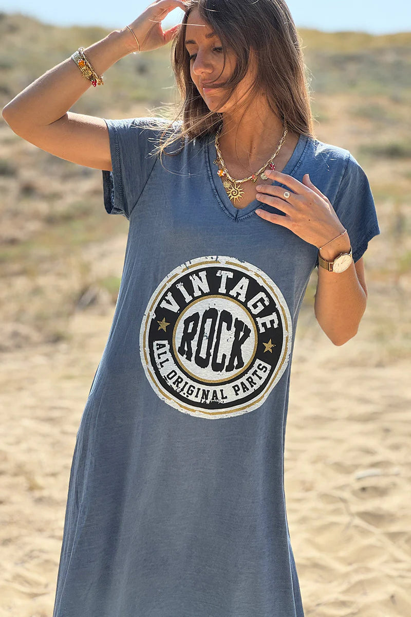 Blue Vintage Rock V-Neck T-Shirt Dress