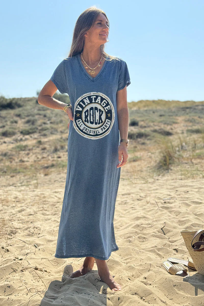 Blue Vintage Rock V-Neck T-Shirt Dress