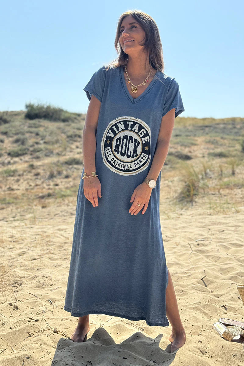 Blue Vintage Rock V-Neck T-Shirt Dress