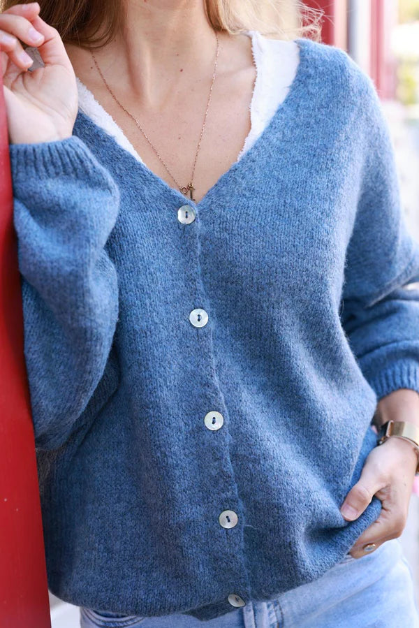Blue Wool Blend V-Neck Knit Cardigan