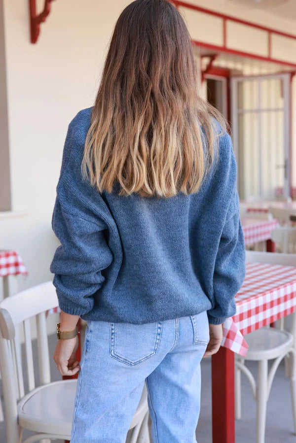 Blue Wool Blend V-Neck Knit Cardigan