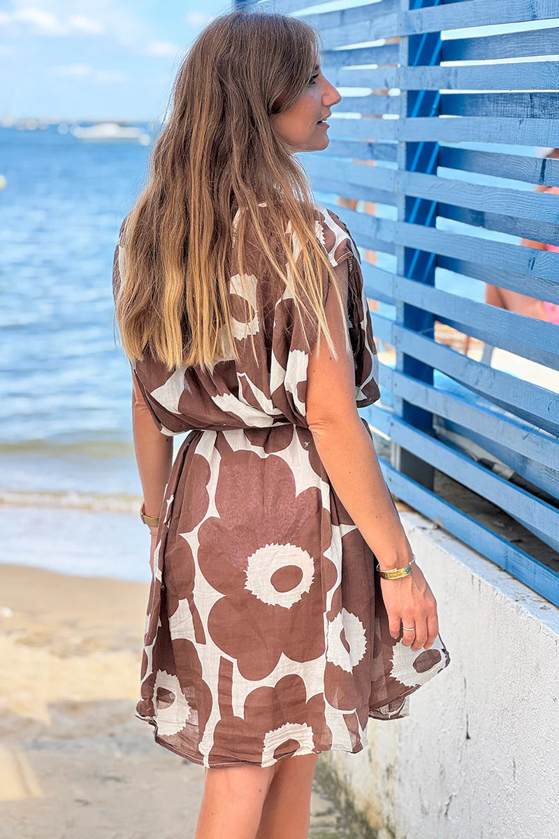 Brown Floral Sleeveless Belted Cream Dress