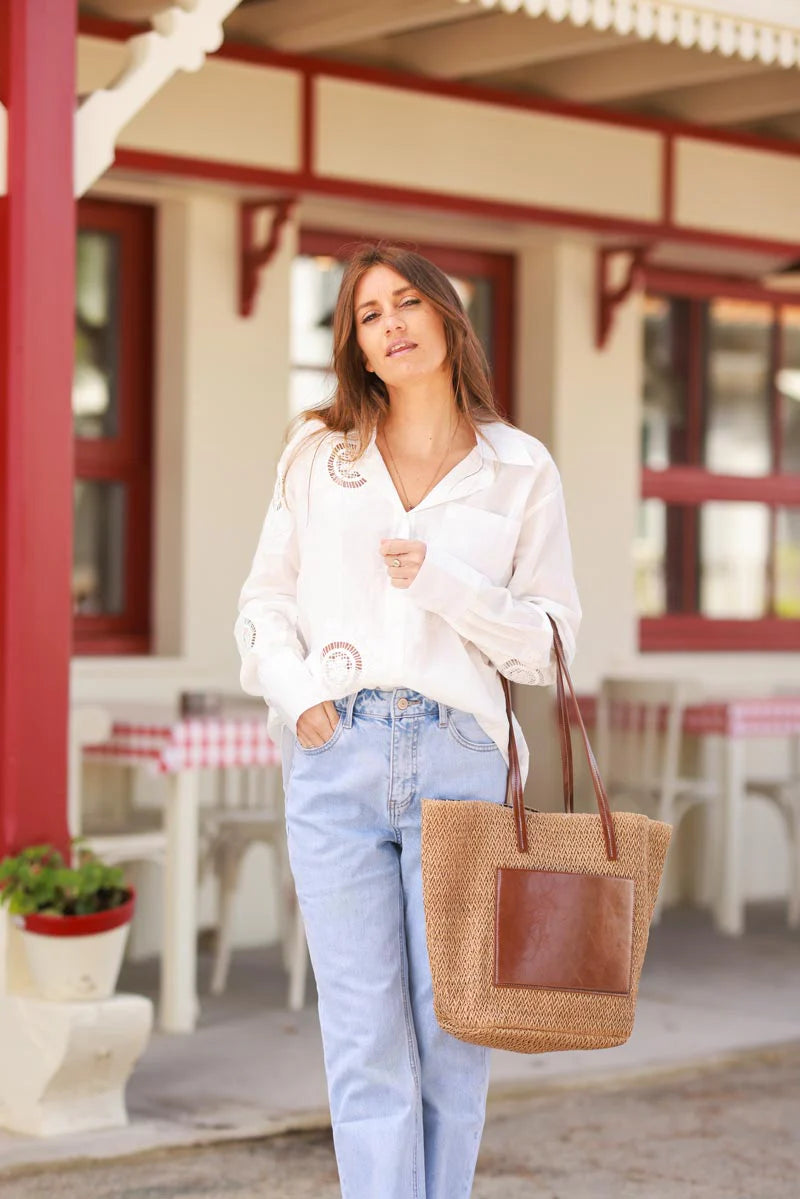 Brown Jute Woven Tote with Leopard Lining