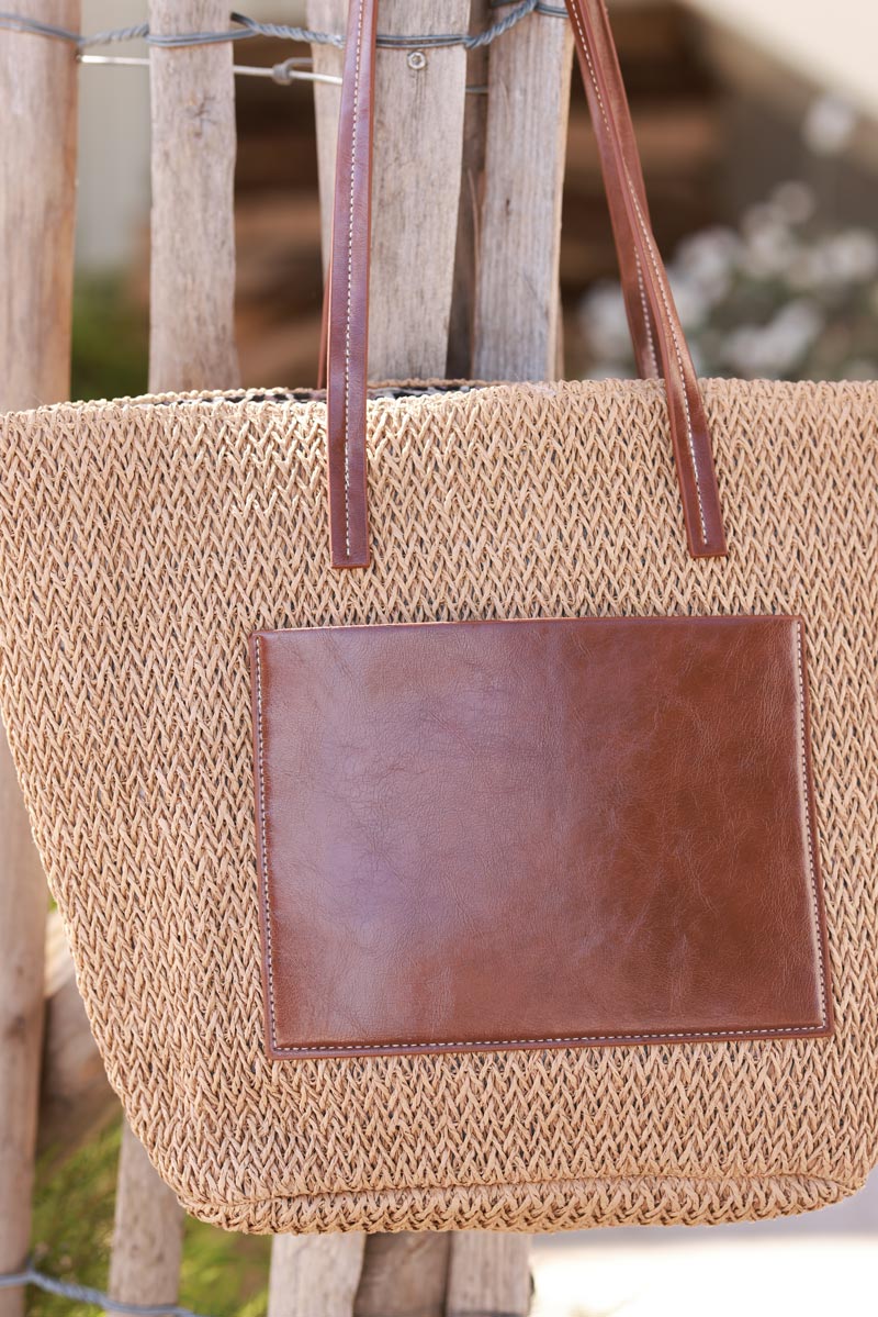 Brown Jute Woven Tote with Leopard Lining