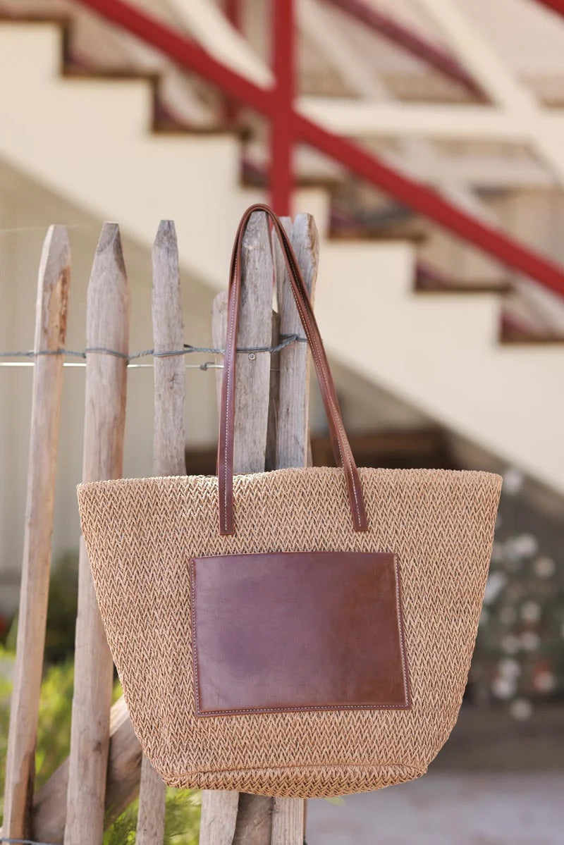 Brown Jute Woven Tote with Leopard Lining