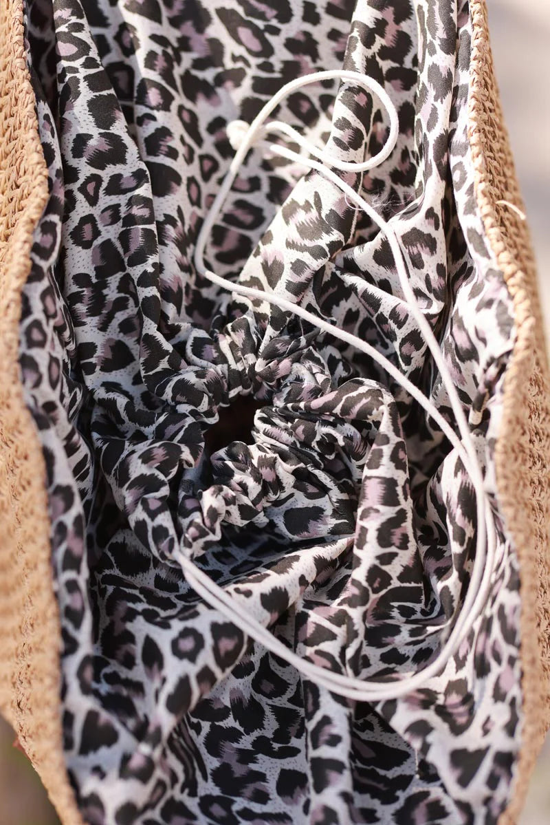 Brown Jute Woven Tote with Leopard Lining