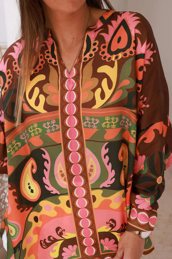 Brown Rust Peacock Feather Tribal Tunic