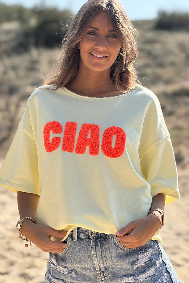 Butter Yellow “CIAO” Lightweight Slouchy Dolman Tee