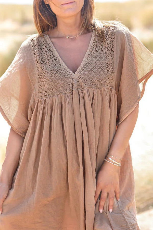Camel floaty cotton dress with lace detail