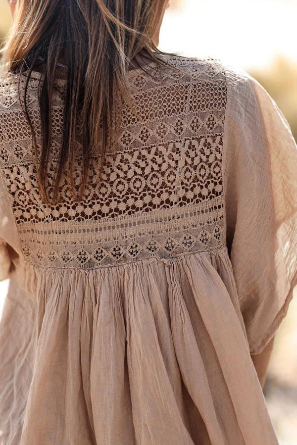 Camel floaty cotton dress with lace detail