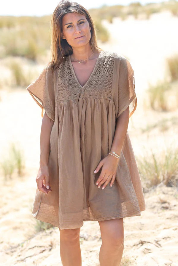 Camel floaty cotton dress with lace detail
