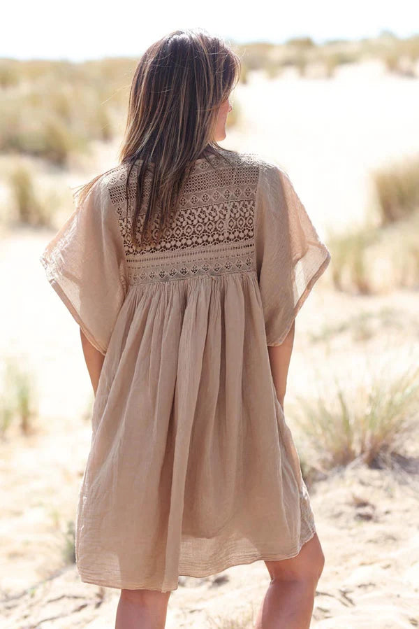Camel floaty cotton dress with lace detail