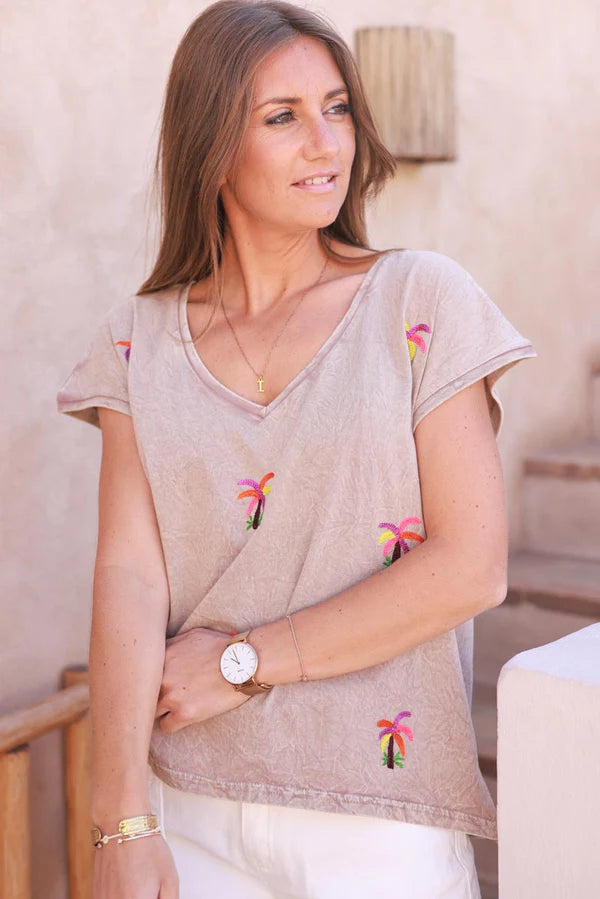 Light Brown Embroidered Palms Cap-Sleeve Cotton Tee