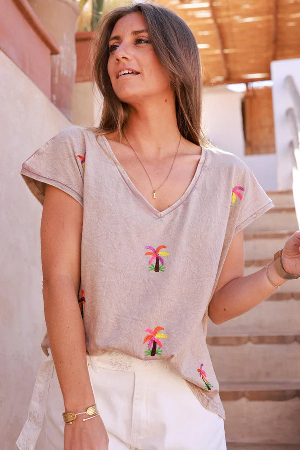 Light Brown Embroidered Palms Cap-Sleeve Cotton Tee
