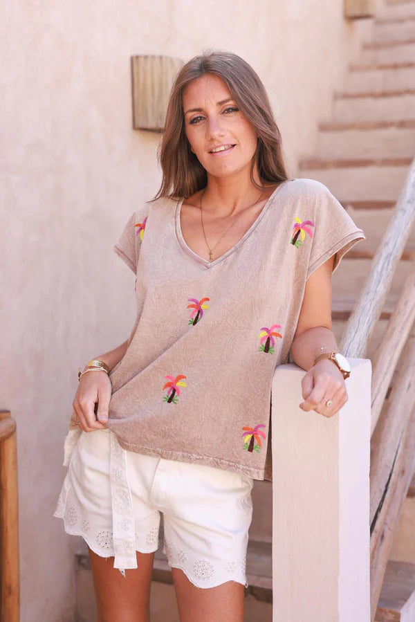 Light Brown Embroidered Palms Cap-Sleeve Cotton Tee