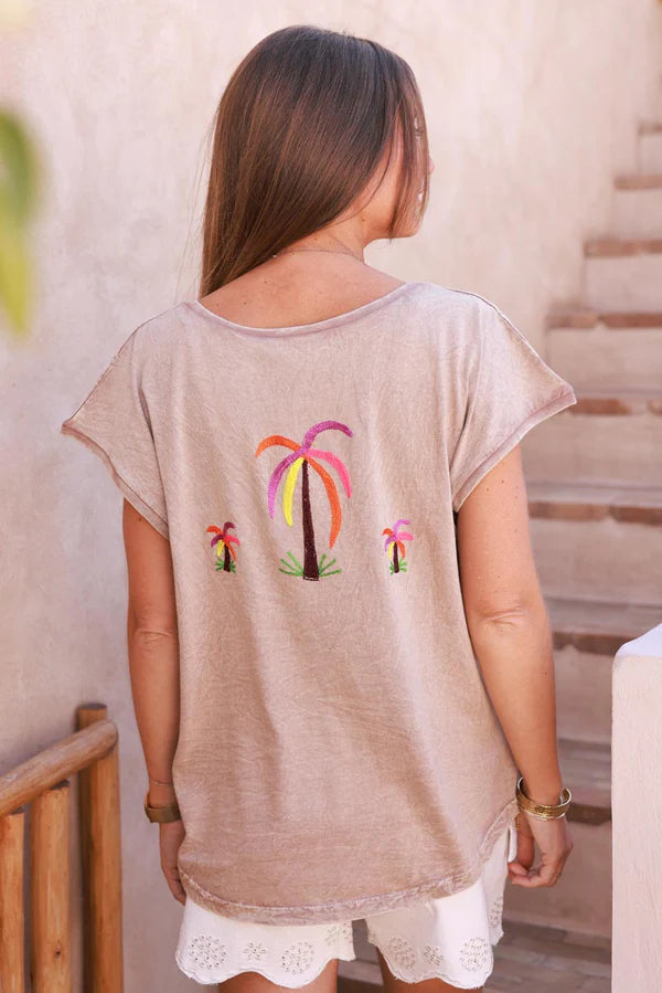 Light Brown Embroidered Palms Cap-Sleeve Cotton Tee