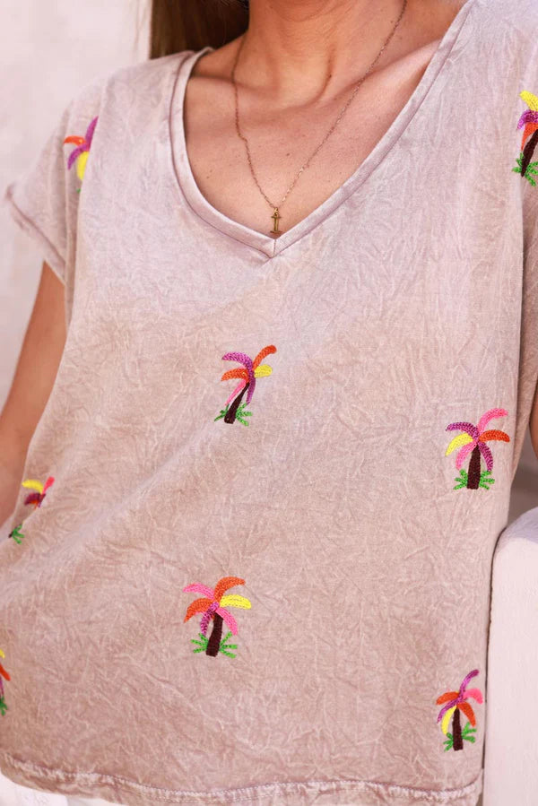 Light Brown Embroidered Palms Cap-Sleeve Cotton Tee